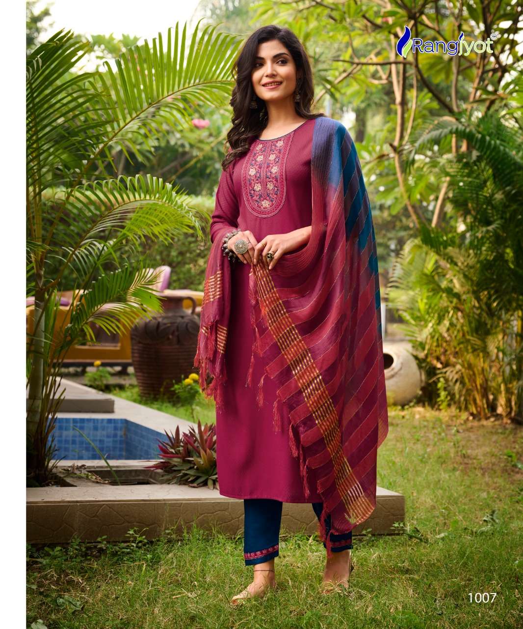 RANGJYOT - VEENA VOL 1 - DOBBY RAYON STYLIST NECK EMBROIDERY WORK KURTI WITH 14 KG RAYON WITH EMBROIDERY WORK PANT AND CHANDERI CORONA DUPATTA - 1007